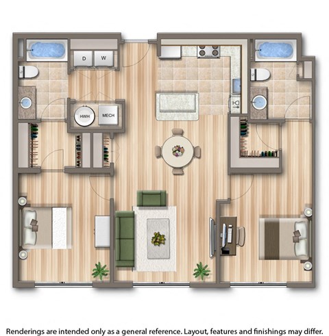 Floor plan for 2 beds, 2 baths, 1073 sqft